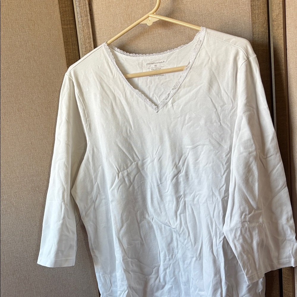 FINAL MARKDOWN Christopher and banks White V-Neck lace trim Long Sleeve Top xl